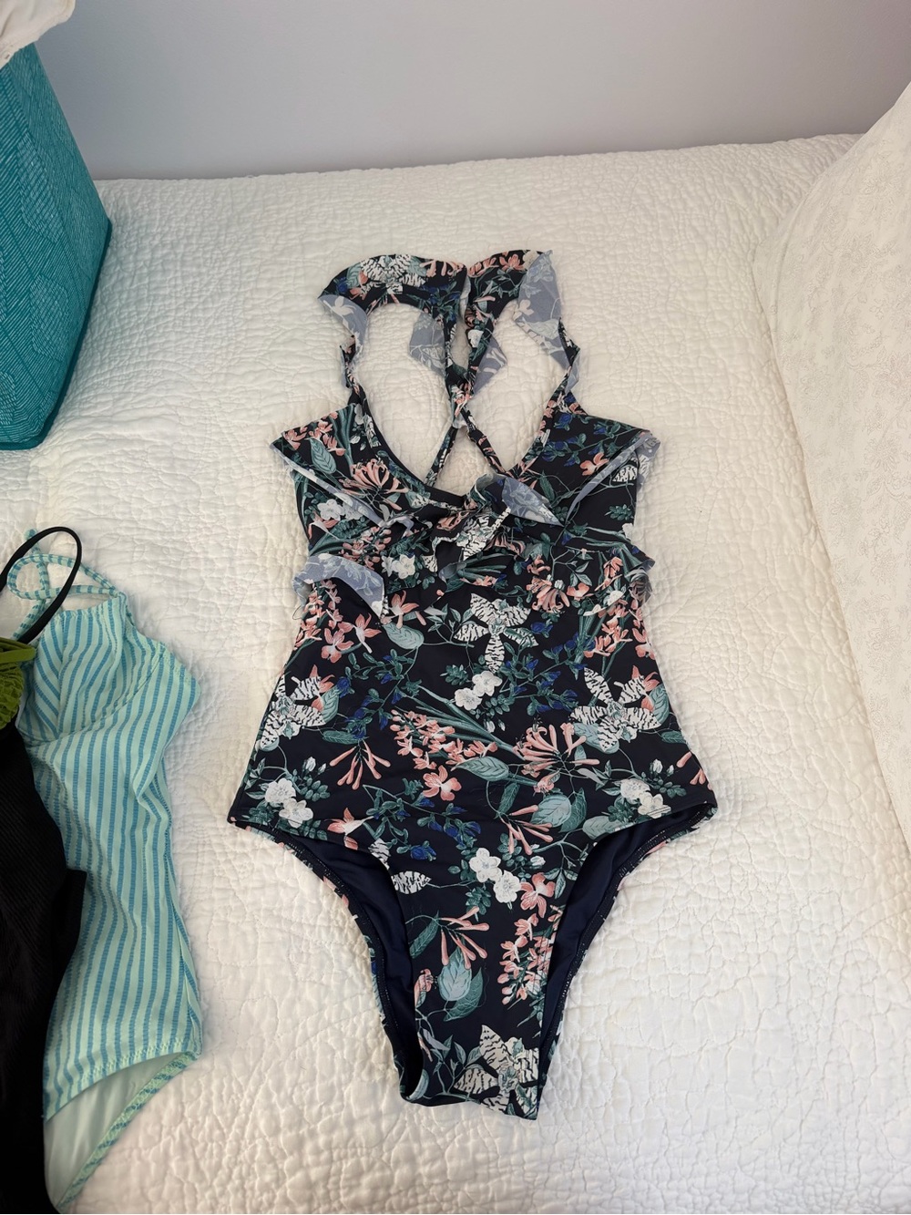 Floral One-Piece Swimsuit - Navy with Pink & Green Floral